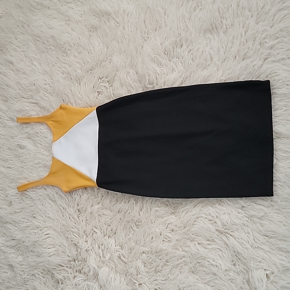 NEW!  Zara Colorblock Stretch Bodycon Midi Dress Yellow Black White Small